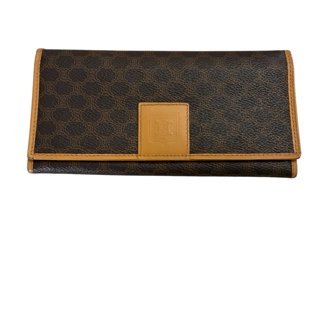 Vintage Celine Macadam Long Wallet In Brown Coated Canvas With Tan Leather Trim